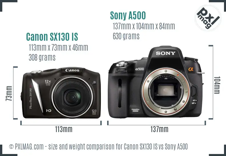 Canon SX130 IS vs Sony A500 size comparison Canon SX130 IS vs Sony A500 size comparison