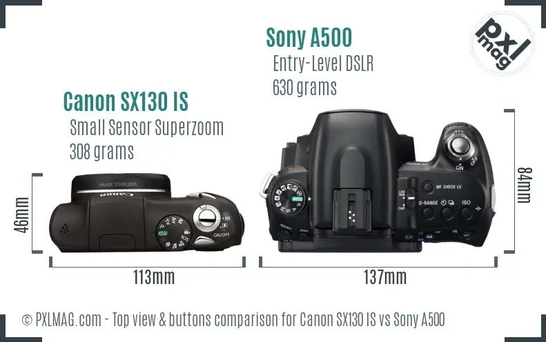 Canon SX130 IS vs Sony A500 top view buttons comparison Canon SX130 IS vs Sony A500 top view buttons comparison