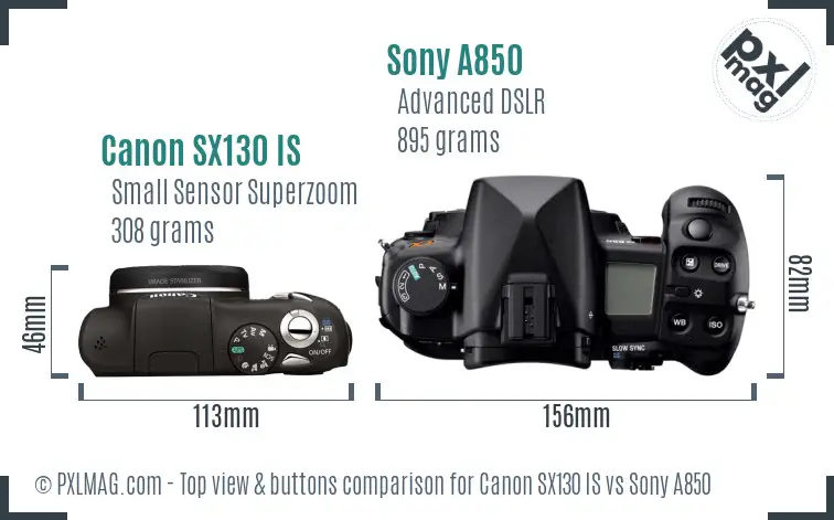 Canon SX130 IS vs Sony A850 top view buttons comparison
