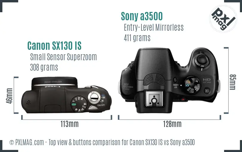 Canon SX130 IS vs Sony a3500 top view buttons comparison