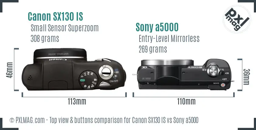 Canon SX130 IS vs Sony a5000 top view buttons comparison Canon SX130 IS vs Sony a5000 top view buttons comparison