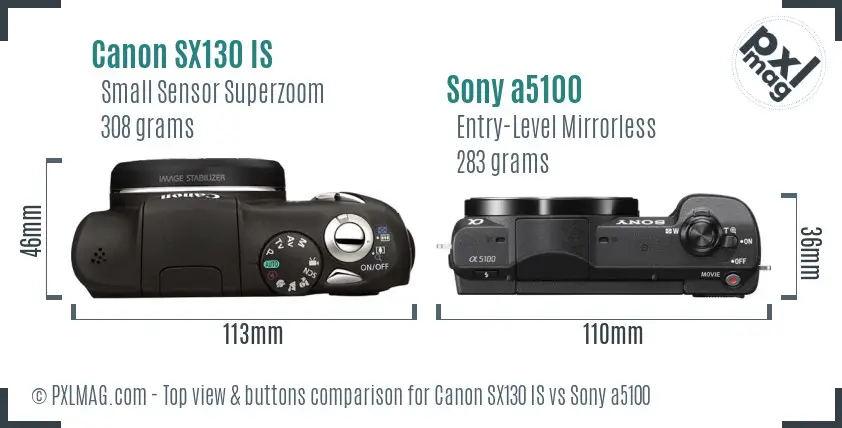 Canon SX130 IS vs Sony a5100 top view buttons comparison Canon SX130 IS vs Sony a5100 top view buttons comparison
