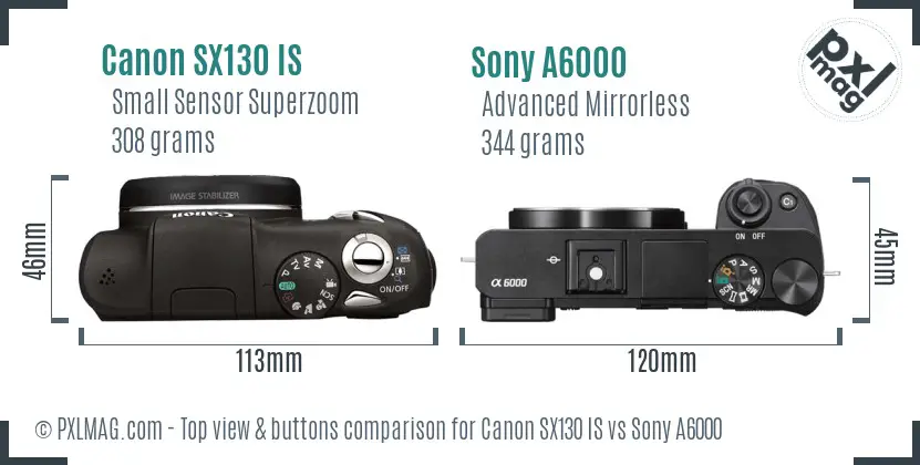 Canon SX130 IS vs Sony A6000 top view buttons comparison Canon SX130 IS vs Sony A6000 top view buttons comparison