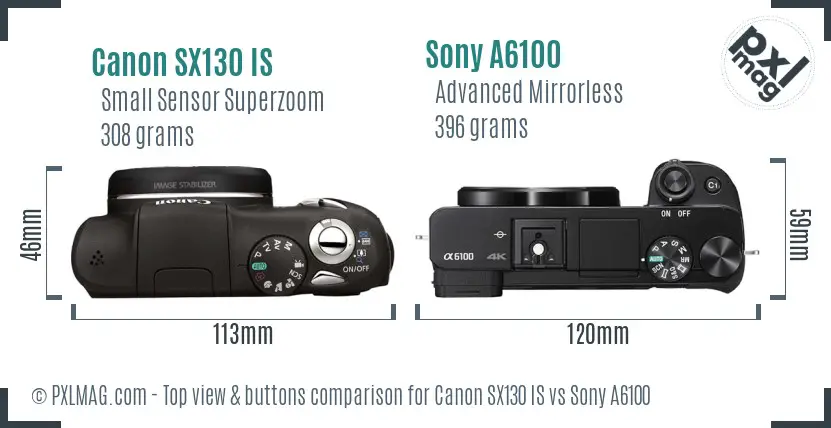 Canon SX130 IS vs Sony A6100 top view buttons comparison