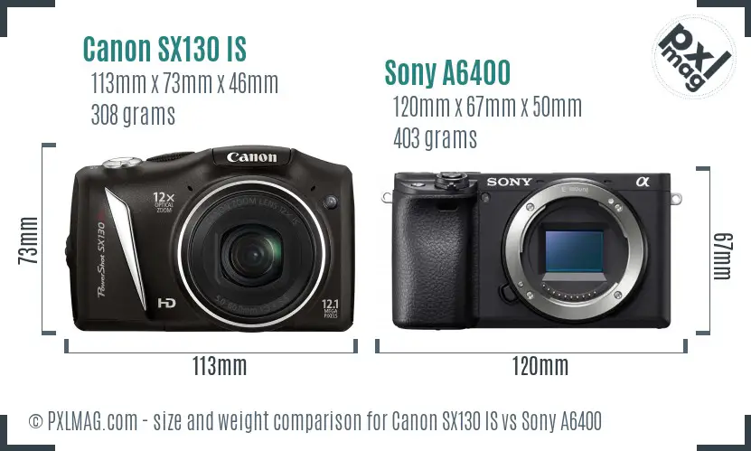 Canon SX130 IS vs Sony A6400 size comparison