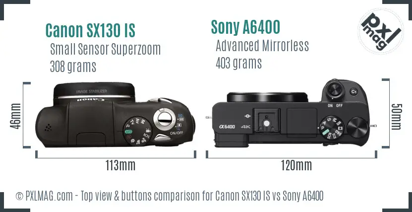 Canon SX130 IS vs Sony A6400 top view buttons comparison