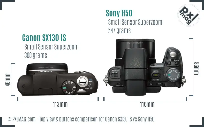 Canon SX130 IS vs Sony H50 top view buttons comparison