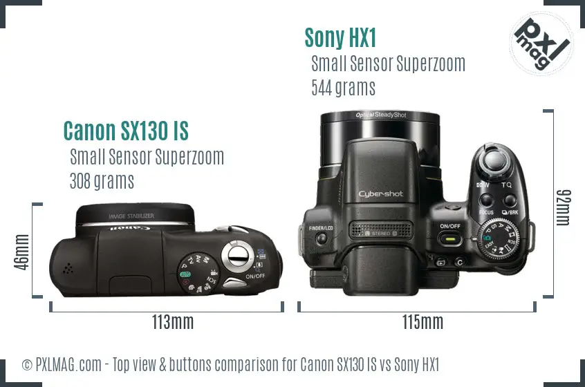 Canon SX130 IS vs Sony HX1 top view buttons comparison