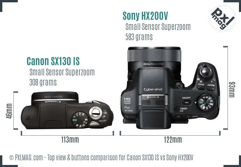 Canon SX130 IS vs Sony HX200V top view buttons comparison