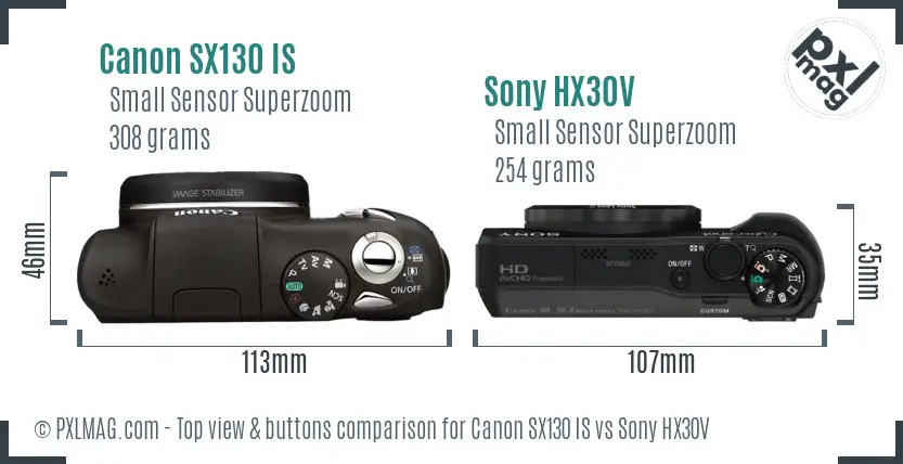 Canon SX130 IS vs Sony HX30V top view buttons comparison