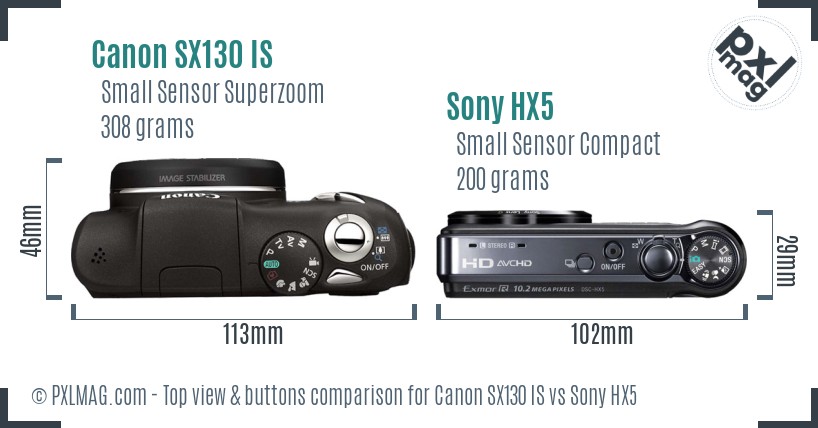 Canon SX130 IS vs Sony HX5 top view buttons comparison