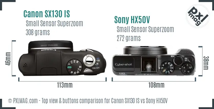 Canon SX130 IS vs Sony HX50V top view buttons comparison