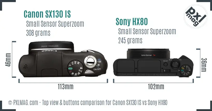 Canon SX130 IS vs Sony HX80 top view buttons comparison