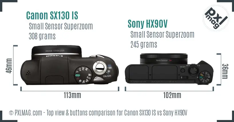 Canon SX130 IS vs Sony HX90V top view buttons comparison