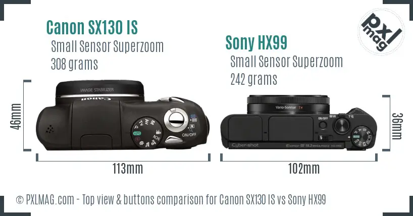 Canon SX130 IS vs Sony HX99 top view buttons comparison
