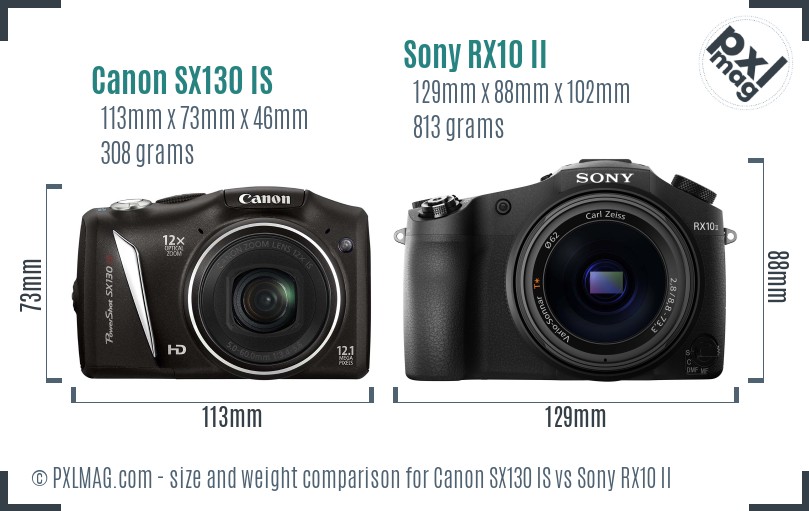 Canon SX130 IS vs Sony RX10 II size comparison