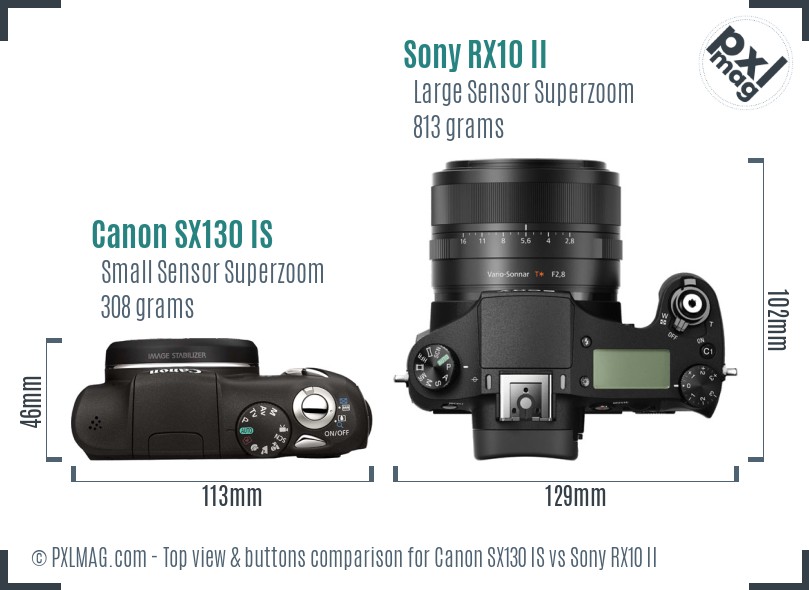 Canon SX130 IS vs Sony RX10 II top view buttons comparison