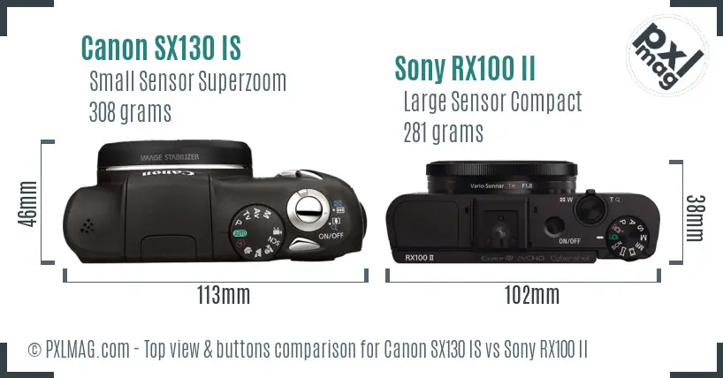Canon SX130 IS vs Sony RX100 II top view buttons comparison