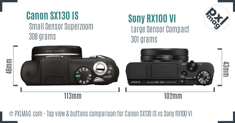 Canon SX130 IS vs Sony RX100 VI top view buttons comparison
