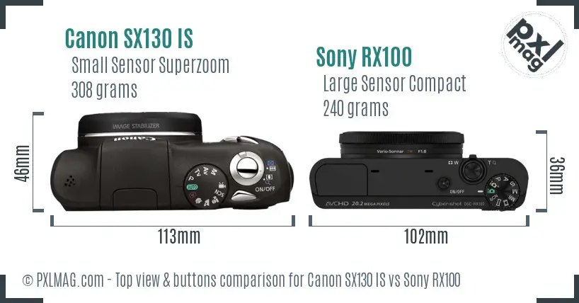 Canon SX130 IS vs Sony RX100 top view buttons comparison