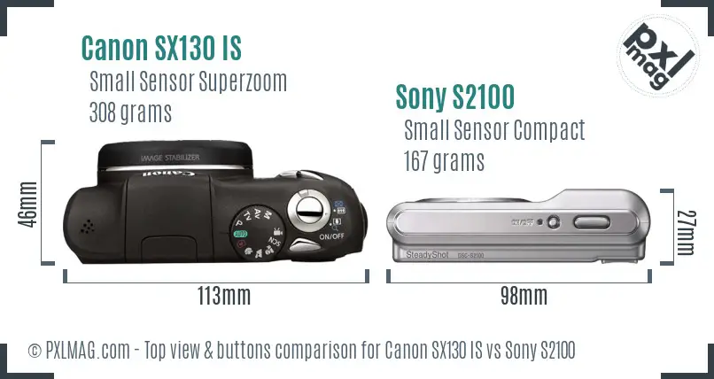 Canon SX130 IS vs Sony S2100 top view buttons comparison