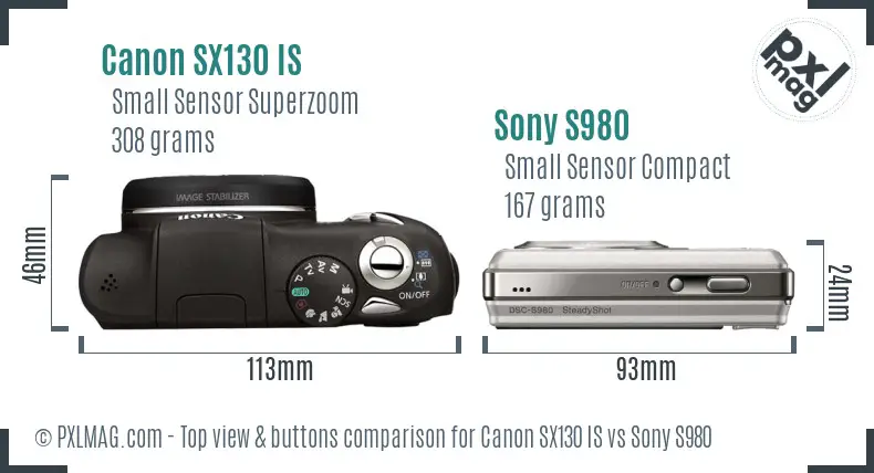 Canon SX130 IS vs Sony S980 top view buttons comparison