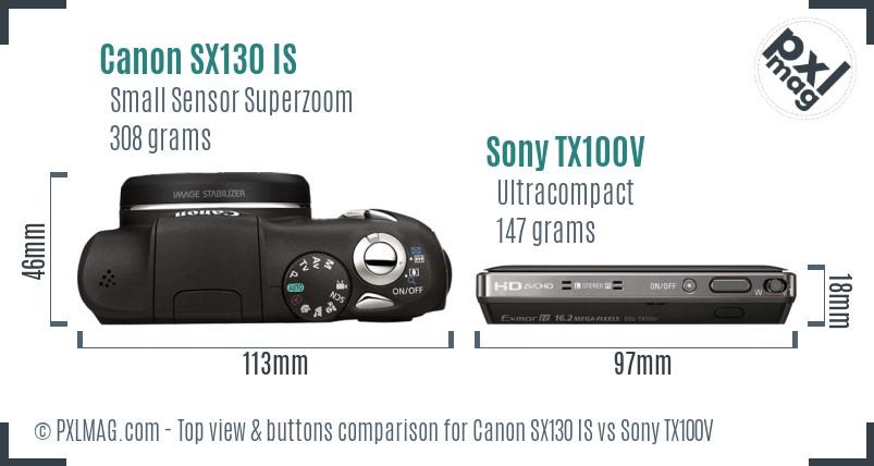 Canon SX130 IS vs Sony TX100V top view buttons comparison