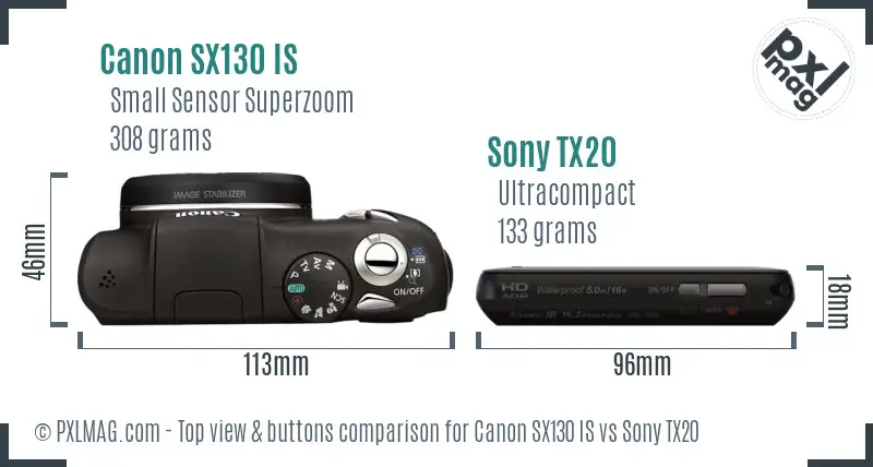 Canon SX130 IS vs Sony TX20 top view buttons comparison Canon SX130 IS vs Sony TX20 top view buttons comparison