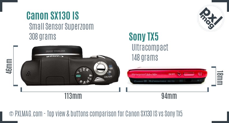 Canon SX130 IS vs Sony TX5 top view buttons comparison