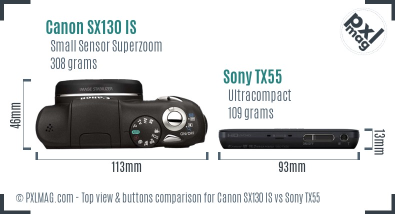 Canon SX130 IS vs Sony TX55 top view buttons comparison