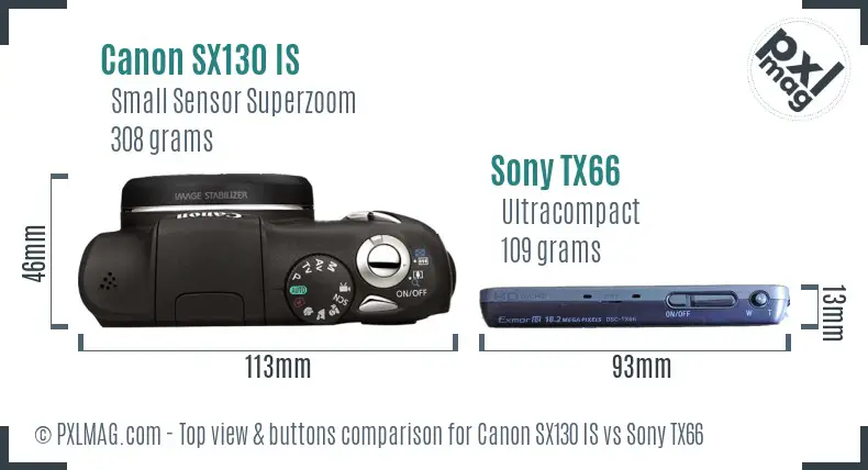 Canon SX130 IS vs Sony TX66 top view buttons comparison Canon SX130 IS vs Sony TX66 top view buttons comparison