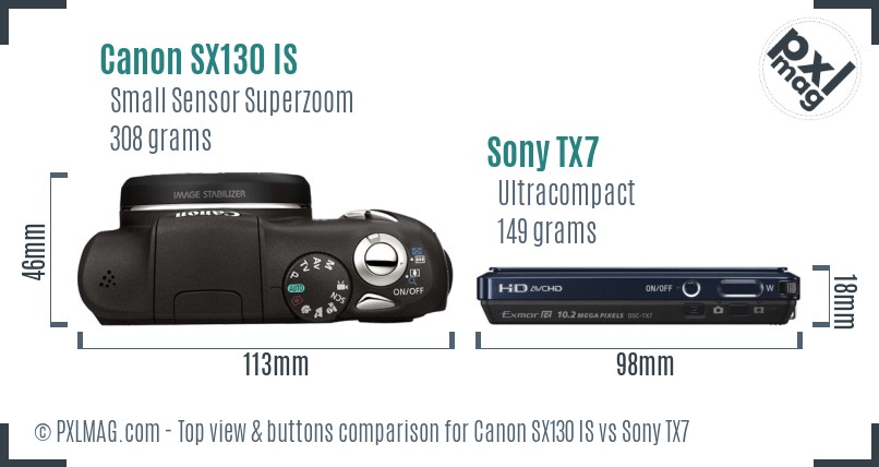 Canon SX130 IS vs Sony TX7 top view buttons comparison