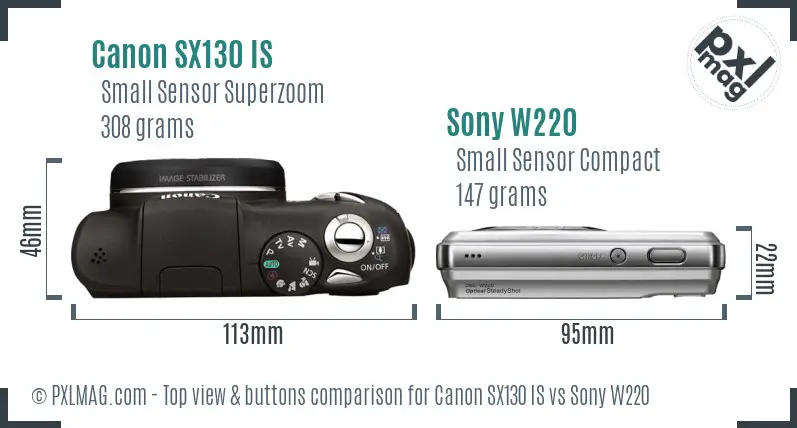 Canon SX130 IS vs Sony W220 top view buttons comparison