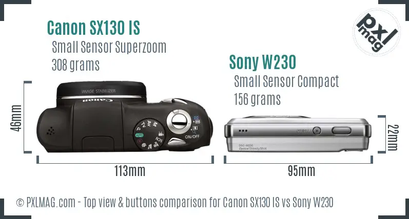 Canon SX130 IS vs Sony W230 top view buttons comparison Canon SX130 IS vs Sony W230 top view buttons comparison