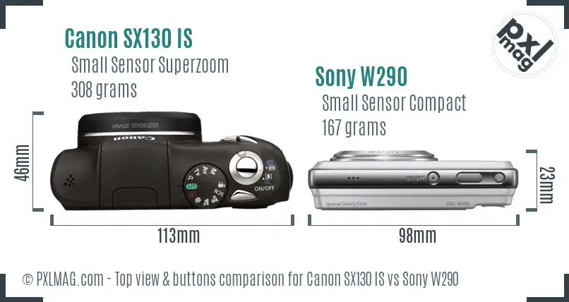 Canon SX130 IS vs Sony W290 top view buttons comparison Canon SX130 IS vs Sony W290 top view buttons comparison