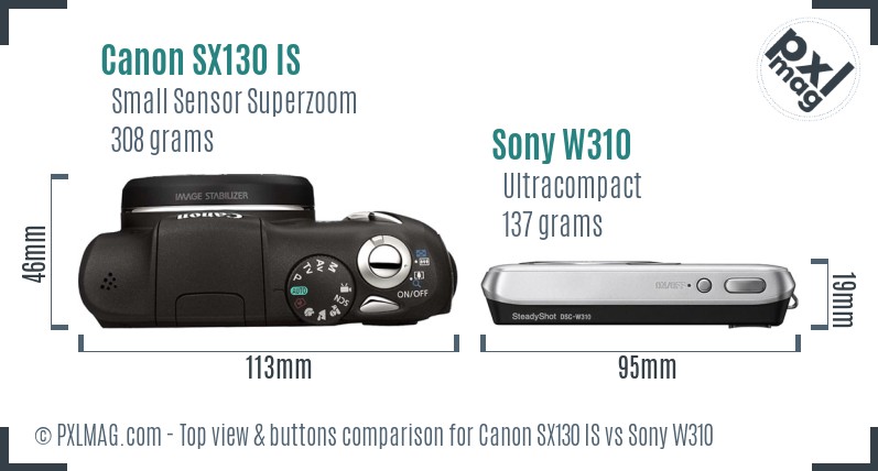 Canon SX130 IS vs Sony W310 top view buttons comparison