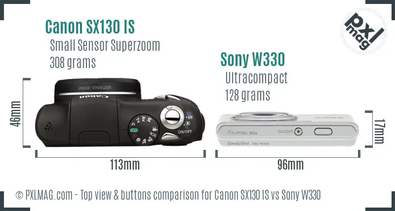 Canon SX130 IS vs Sony W330 top view buttons comparison