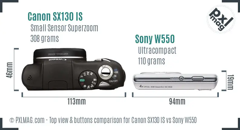 Canon SX130 IS vs Sony W550 top view buttons comparison Canon SX130 IS vs Sony W550 top view buttons comparison