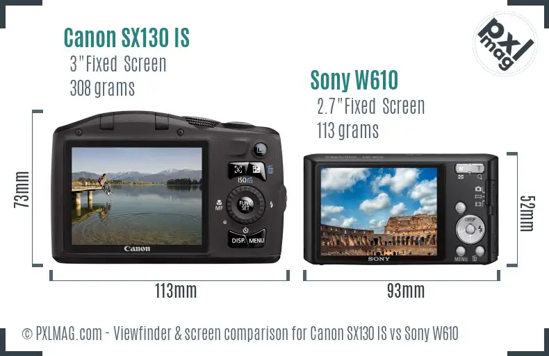 Canon SX130 IS vs Sony W610 Screen and Viewfinder comparison