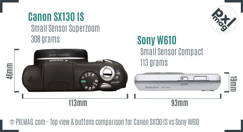 Canon SX130 IS vs Sony W610 top view buttons comparison