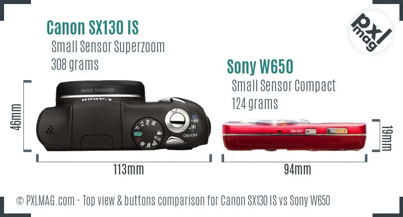 Canon SX130 IS vs Sony W650 top view buttons comparison