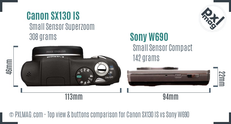 Canon SX130 IS vs Sony W690 top view buttons comparison