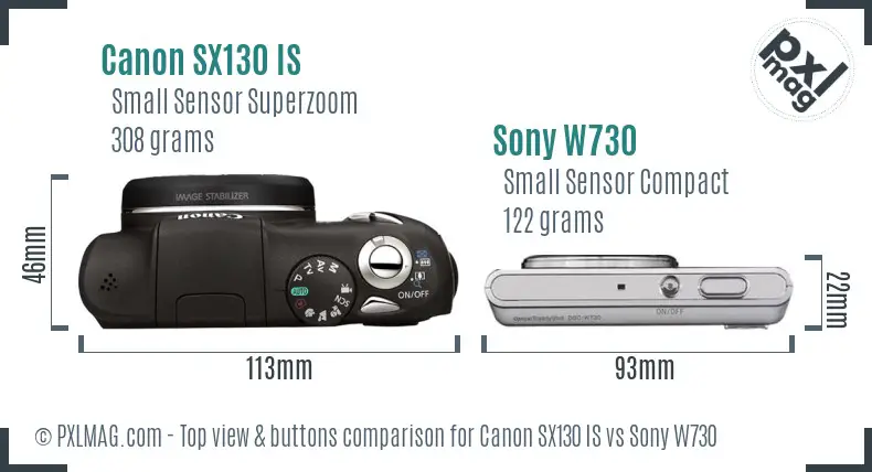 Canon SX130 IS vs Sony W730 top view buttons comparison