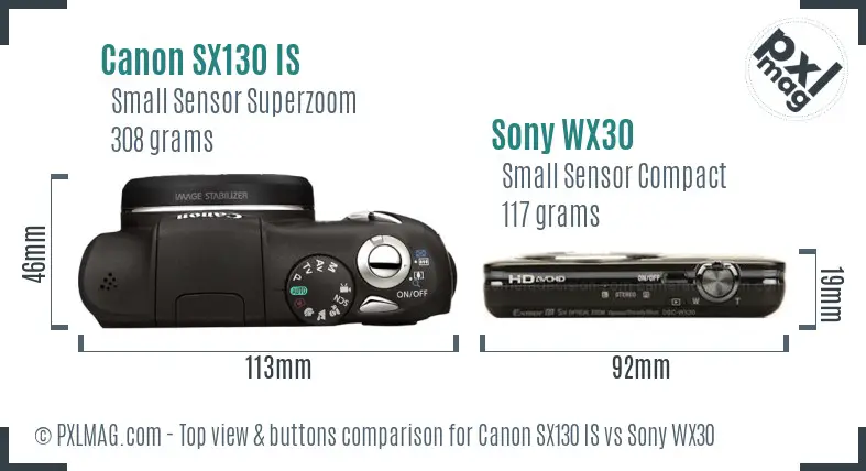 Canon SX130 IS vs Sony WX30 top view buttons comparison Canon SX130 IS vs Sony WX30 top view buttons comparison