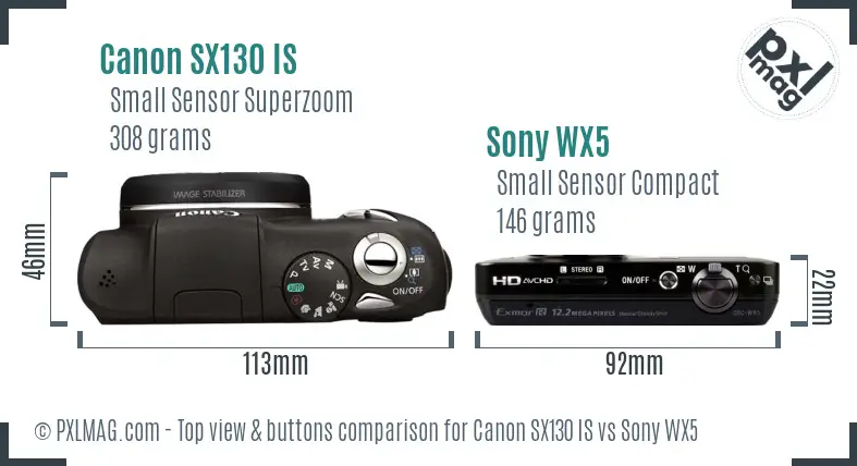 Canon SX130 IS vs Sony WX5 top view buttons comparison