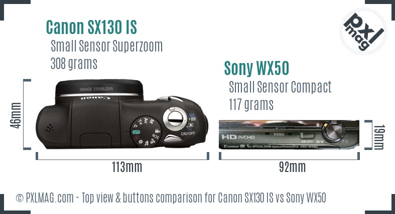 Canon SX130 IS vs Sony WX50 top view buttons comparison
