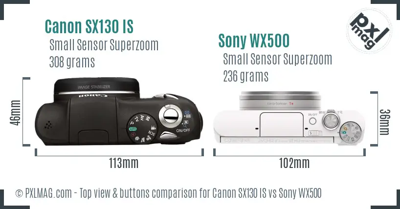 Canon SX130 IS vs Sony WX500 top view buttons comparison Canon SX130 IS vs Sony WX500 top view buttons comparison