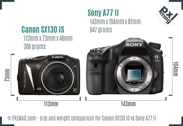 Canon SX130 IS vs Sony A77 II size comparison