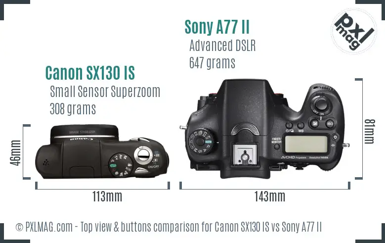 Canon SX130 IS vs Sony A77 II top view buttons comparison