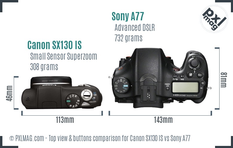 Canon SX130 IS vs Sony A77 top view buttons comparison